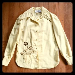 Vintage 70s 80s linen yellow flower pot blouse long sleeve spring garden Blouse